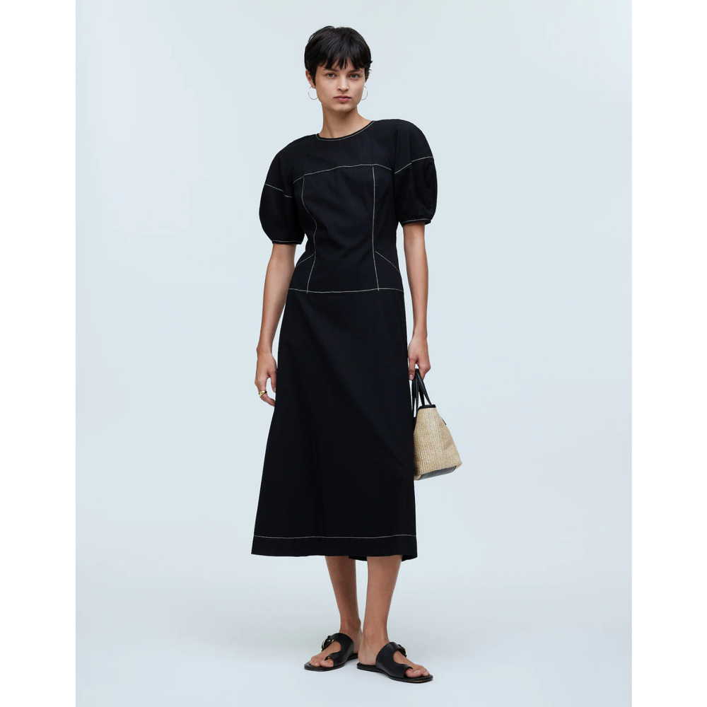 Madewell Midi Dress Puff Sleeve Drop Waist High Neck Black Womens Size 2 NWT‎